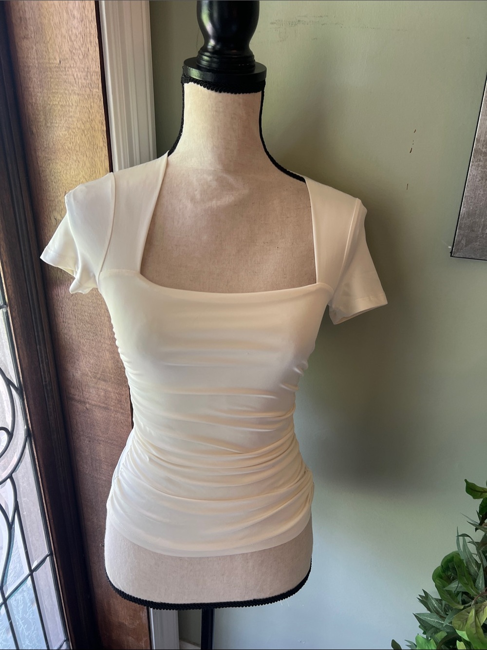 Square Neck Ruched Short Sleeve Tee in White